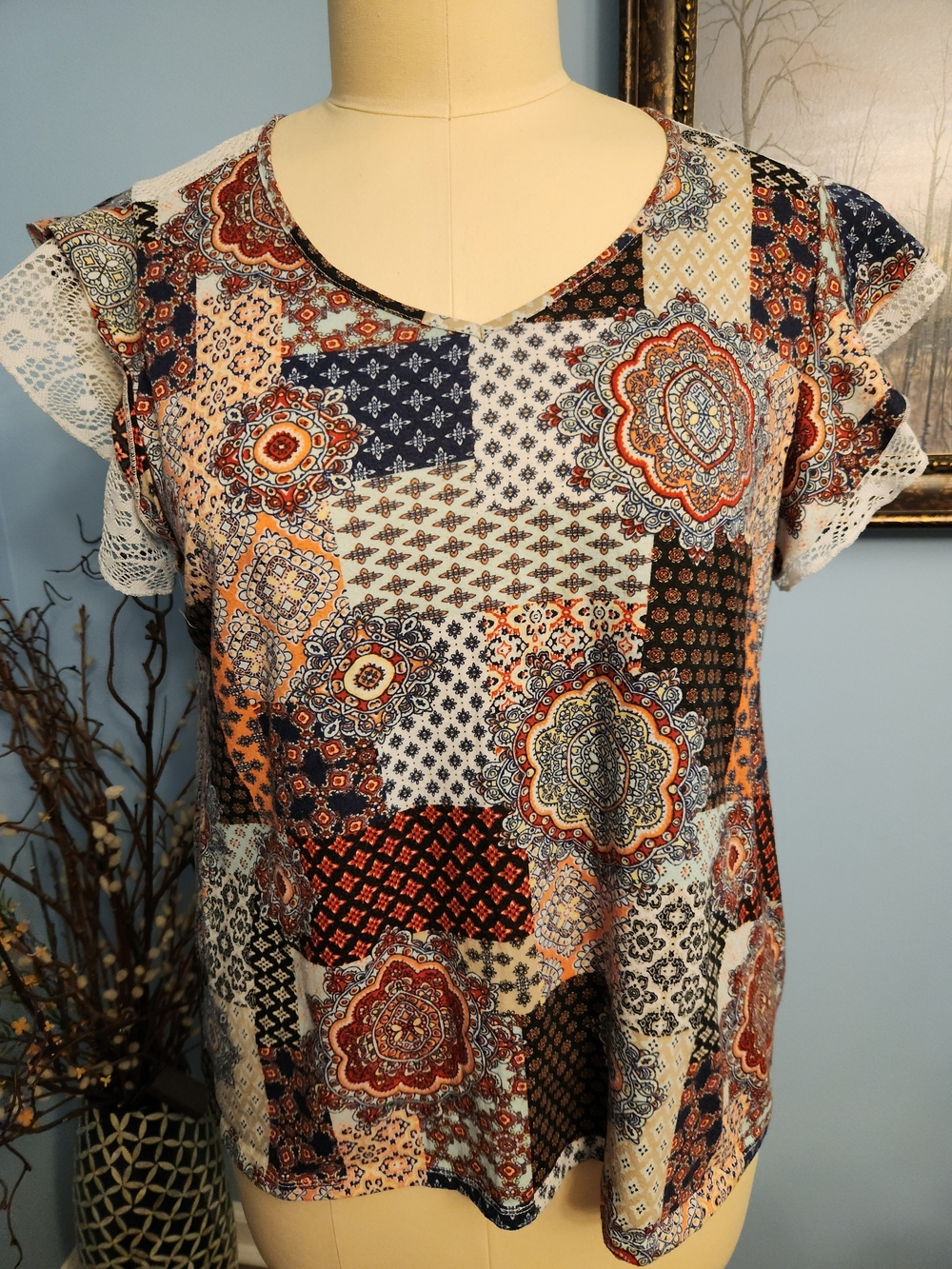 Bobbie Brooks Patchwork Medallion Short Sleeve Top in Navy, Rust, Cream